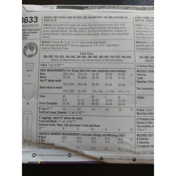 Simplicity Pattern 8633 A Bat Girl Knit Sports Bra 30A 44G  UNCUT - Picture 9 of 11